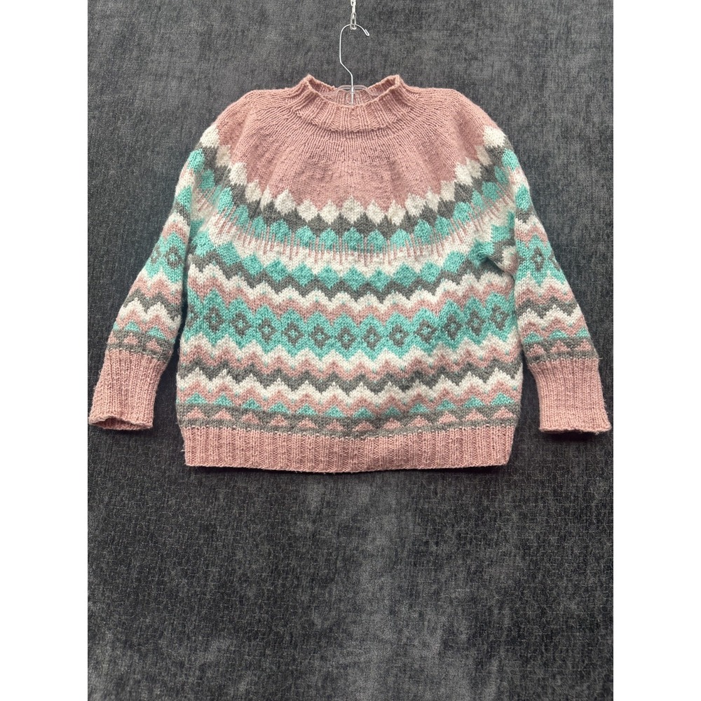 Girls Hand Knit Sweater Medium Pink Teal Fair Isle Cozy Wool Blend Outerwear